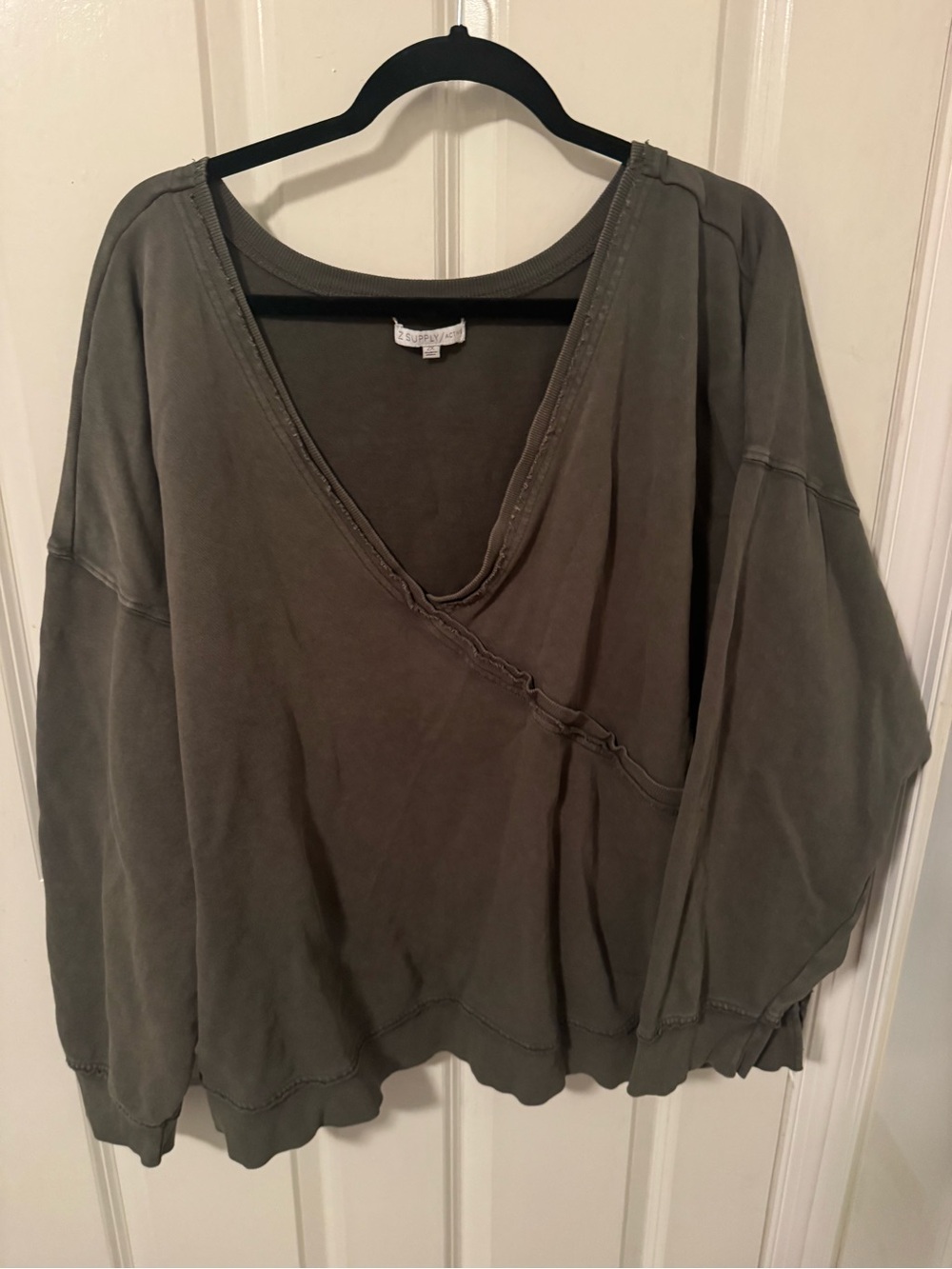 Z Supply Olive Green V-Neck Raw-Edge Sweatshirt Reversible!